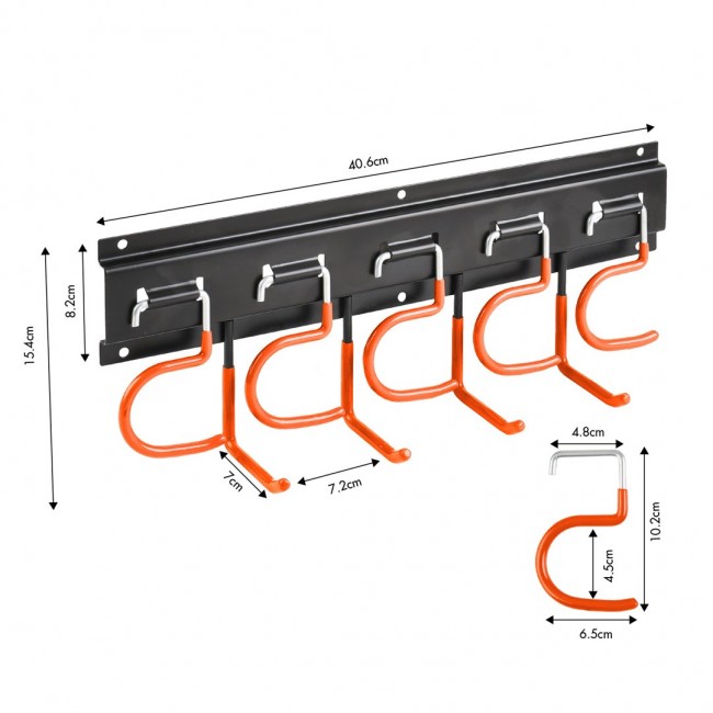 Maclean Wall-Mounted Garden Tool Organizer, steel, with hooks, max. load 30 kg, width 40 cm, MC-193
