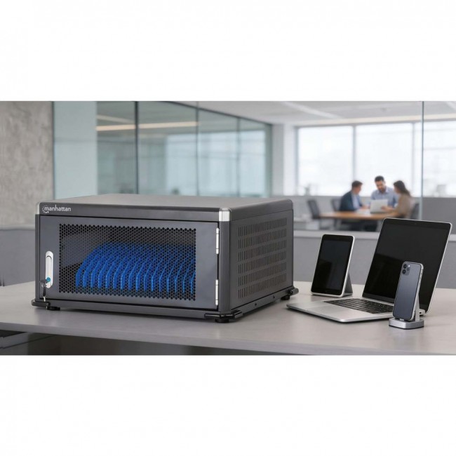 Manhattan Laptop Charging Cabinet Desktop via AC Adapter (EU) 20-bay, Install device's AC Adapter (power cables) into unit, Suitable for ALL laptops (to 16