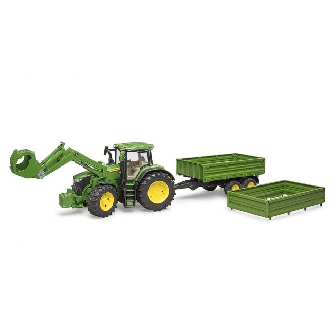 John Deere 7R 350 tractor with front loader and 2-axle trailer 03155 BRUDER