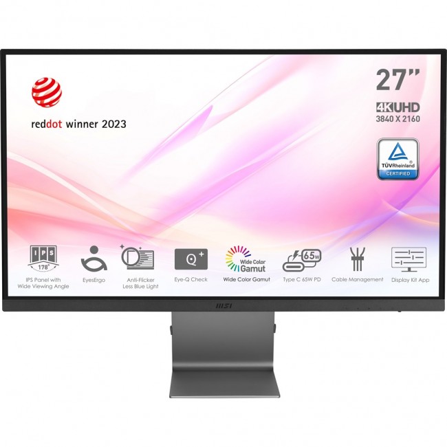 MSI Modern MD271UL 27 Inch Monitor, UHD (3840 x 2160), 60Hz, IPS, 4ms, Adaptive-Sync, 2x HDMI, DisplayPort, USB Type-C, Anti-Glare, Anti-Flicker, Less Blue light, T V Certified, Kensington, Grey