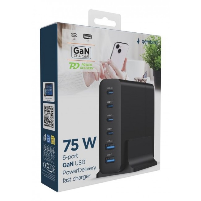 Gembird TA-UC-2A4C-PD75-01-BK mobile device charger Universal Black AC Fast charging Indoor