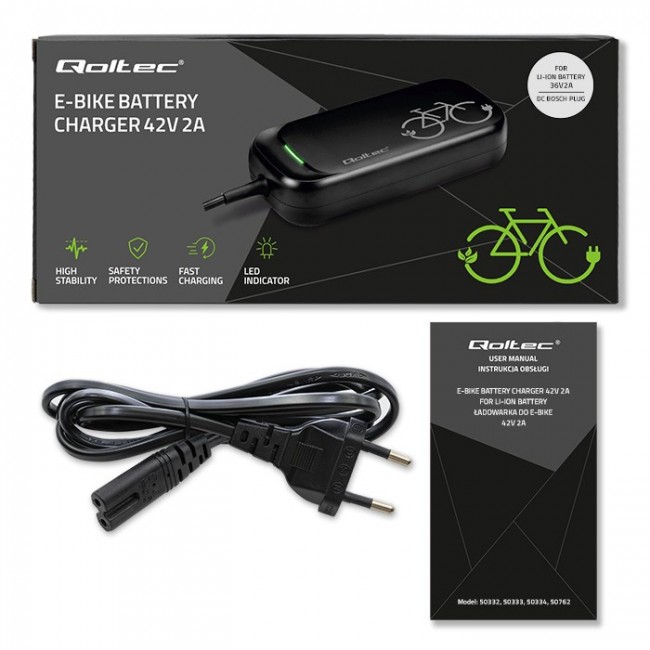 Qoltec Szybka adowarka Pro do roweru elektrycznego Bosch 36V | 42V | 2A | Bosch plug | wodoodporna +kabel zasilający