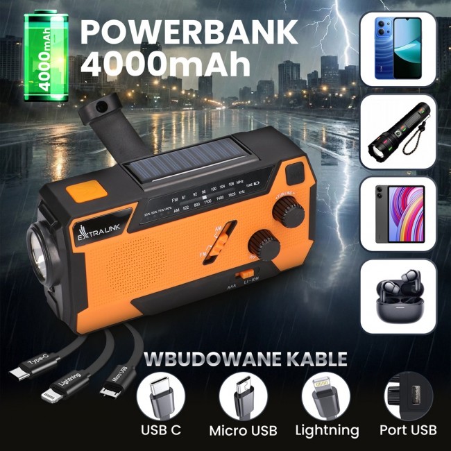 Extralink RADIO AWARYJNE SOLARNE Z KORBKA DYNAMO POWERBANK 4000MAH Z LATARKA SOS SR-4000 Portable Analog Black, Orange