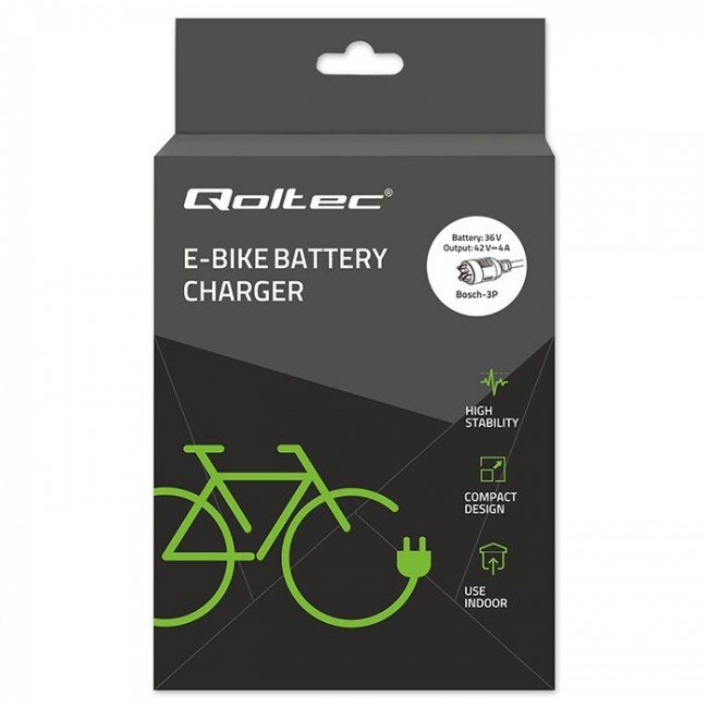 Qoltec Szybka adowarka do roweru skutera elektrycznego 36V | 42V | 4A |wtyczka Bosch + kabel zasilający