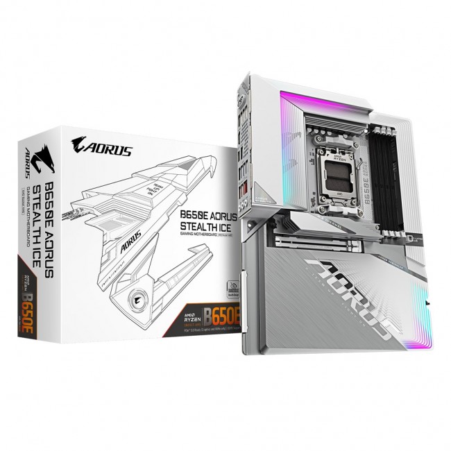 GIGABYTE B650E AORUS STEALTH ICE Motherboard - AMD Ryzen 9000 Series CPUs, 12+2+2 Phases VRM, up to 8000MHz DDR5 (OC), 1xPCIe 5.0 + 2xPCIe 4.0 M.2, 2.5GbE LAN, WIFI 7, USB 3.2 Gen 2x2 GIGABYTE B650E AORUS STEALTH ICE Motherboard - AMD Ryzen 9000 Series CPUs, 12+2+2 Phases VRM, up to 8000MHz DDR5 (OC), 1xPCIe 5.0 + 2xPCIe 4.0 M.2, 2.5GbE LAN, WIFI 7, USB 3.2 Gen 2x2