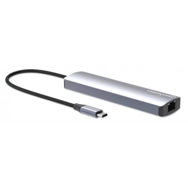 Manhattan USB-C Dock/Hub with Card Reader, Ports (x5): Ethernet, HDMI, USB-A (x2) and USB-C, with Power Delivery (PD) 100W- requires external USB-C charger (not included). USB powered (no external power supply required) when PD is not in use