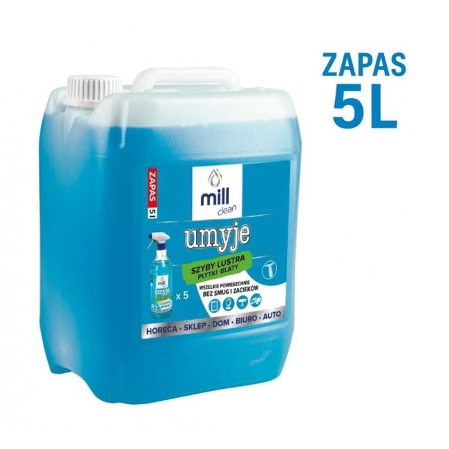 MILL CLEAN CLEANS 5 liters. A liquid cleaner for windows, mirrors, tiles, and countertops. It removes dust and grease stains without leaving streaks or smudges. The large 5-liter canister is ideal for cleaning companies, hotels, and offices.