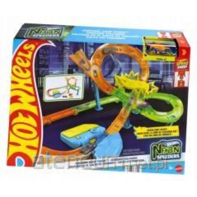 Hot Wheels Neon Speeders Stunt Tracks Tornado Jump Crash Track Set with Motorized Booster & Toy Car