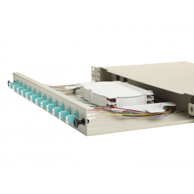 Equip 12-Port Fiber Optic Splice Box, LC Duplex, OM3, 1U, Equipped, Grey