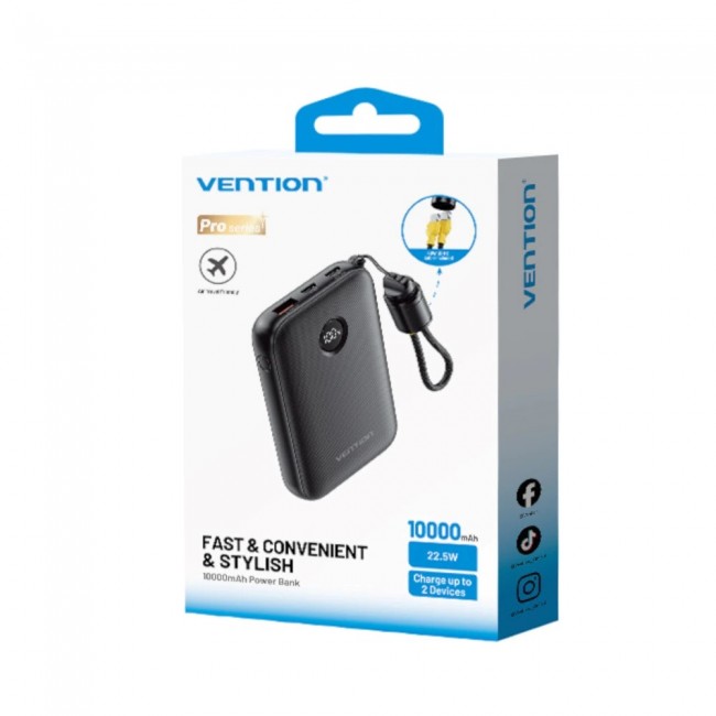 Vention 10000mAh Powerbank 2xUSB-C 1xUSB-A 22.5W, black