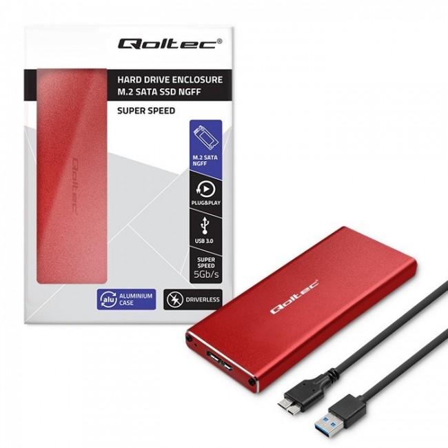 Qoltec 51831 Enclosure | M.2 SSD drive | SATA | NGFF| USB 3.0 | Super speed 5Gb/s | 2TB | Red