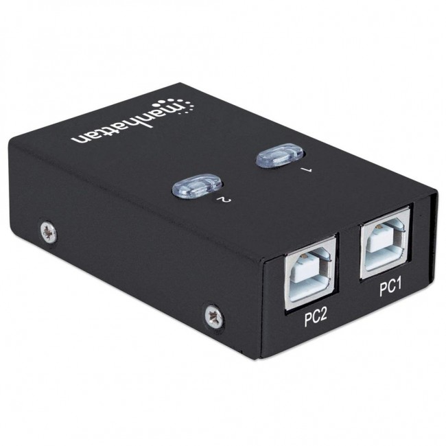 Manhattan USB-A Automatic Sharing Switch, 2x USB-B Ports, 480 Mbps (USB 2.0), Dual Control (Auto-Sensing or Manual), Bus Powered, Hi-Speed USB, inc 1x 1.5m USB-A to USB-B cable, Black, Three Year Warranty Manhattan USB-A Automatic Sharing Switch, 2x USB-B Ports, 480 Mbps (USB 2.0), Dual Control (Auto-Sensing or Manual), Bus Powered, Hi-Speed USB, inc 1x 1.5m USB-A to USB-B cable, Black, Three Year Warranty