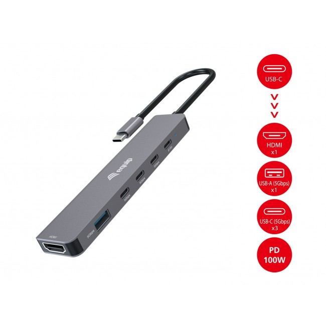 Equip USB-C 6 in 1 Multifunctional Adapter, HDMI 4K/30Hz, USB-C x 4 , USB-A x 1, 5Gbps, 100W USB PD