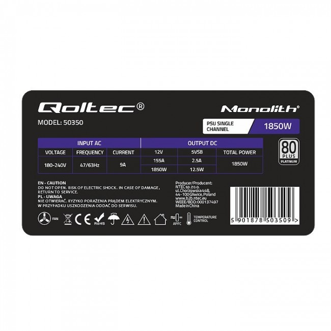 Qoltec 50350 power supply 1850W PCI-E| 80 Plus Platinum | Gaming Miner Qoltec 50350 power supply 1850W PCI-E| 80 Plus Platinum | Gaming Miner