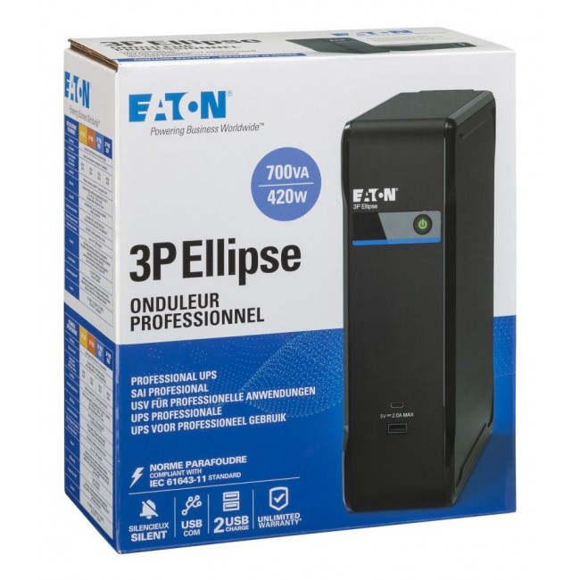 Eaton 3P Ellipse 700 uninterruptible power supply (UPS) Standby (Offline) 0.7 kVA 420 W 4 AC outlet(s) Eaton 3P Ellipse 700 uninterruptible power supply (UPS) Standby (Offline) 0.7 kVA 420 W 4 AC outlet(s)