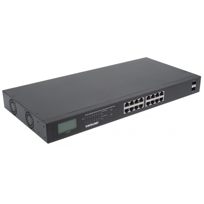 Intellinet 16-Port Gigabit Ethernet PoE+ Switch with 2 SFP Ports, LCD Display, IEEE 802.3at/af Power over Ethernet (PoE+/PoE) Compliant, 370 W, Endspan, 19 Intellinet 16-Port Gigabit Ethernet PoE+ Switch with 2 SFP Ports, LCD Display, IEEE 802.3at/af Power over Ethernet (PoE+/PoE) Compliant, 370 W, Endspan, 19