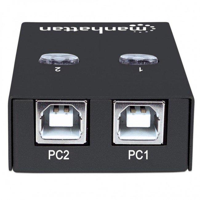 Manhattan USB-A Automatic Sharing Switch, 2x USB-B Ports, 480 Mbps (USB 2.0), Dual Control (Auto-Sensing or Manual), Bus Powered, Hi-Speed USB, inc 1x 1.5m USB-A to USB-B cable, Black, Three Year Warranty Manhattan USB-A Automatic Sharing Switch, 2x USB-B Ports, 480 Mbps (USB 2.0), Dual Control (Auto-Sensing or Manual), Bus Powered, Hi-Speed USB, inc 1x 1.5m USB-A to USB-B cable, Black, Three Year Warranty