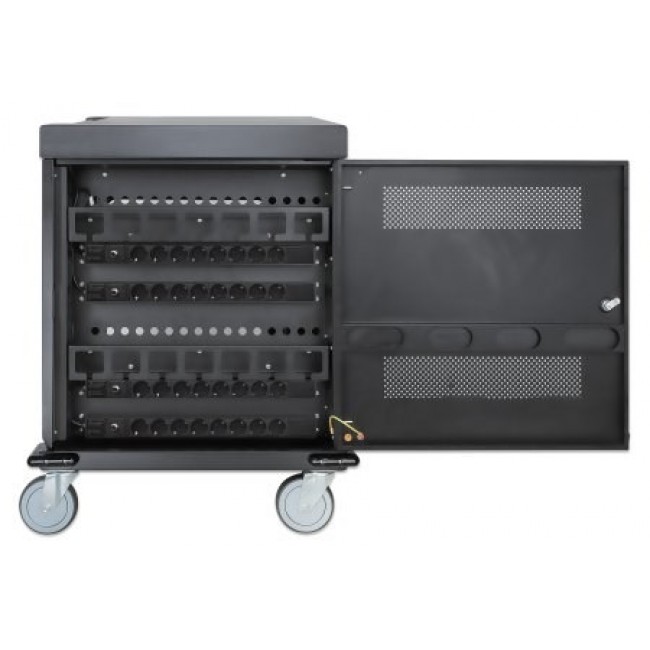 Manhattan Laptop Charging Cart/Trolley via AC Adapter (EU) 32-bay, Install device's AC Adapter (power cables) into unit, Suitable for ALL laptops (to 15.6