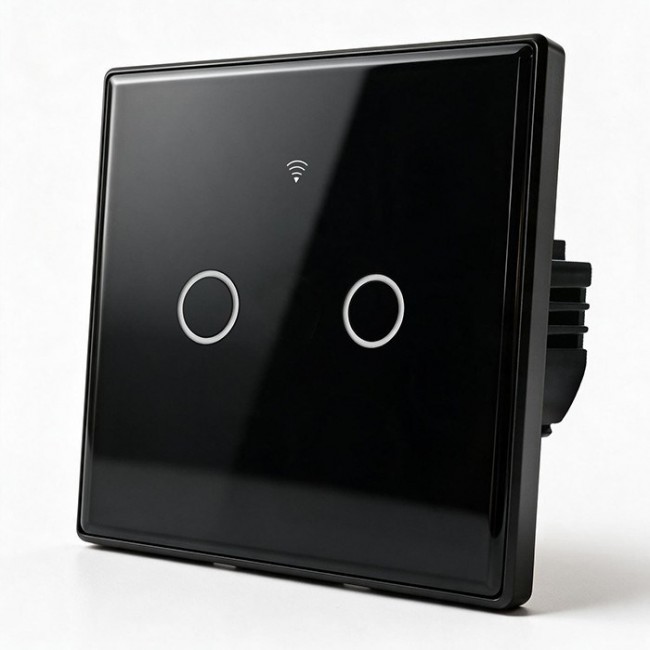 Qoltec 52712 Smart Touch 2-Gang Light Switch | Wi-Fi | Timer | Tuya | Smart Life | Tempered Glass | Black