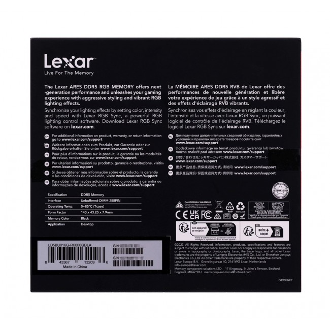 Lexar ARES RGB memory module 32 GB 2 x 16 GB DDR5 6000 MHz Lexar ARES RGB memory module 32 GB 2 x 16 GB DDR5 6000 MHz