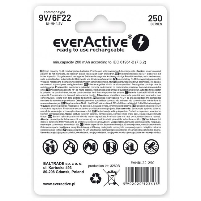 Rechargeable batteries everActive Ni-MH 6F22 9V 250 mAh Silver Line Rechargeable batteries everActive Ni-MH 6F22 9V 250 mAh Silver Line