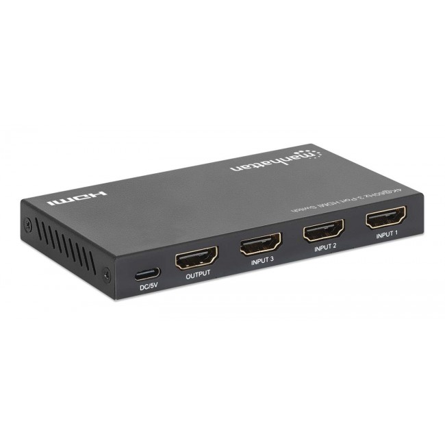 Manhattan 4K@60Hz 3-Port HDMI Switch, Switches Between Three HDMI Inputs on One HDMI Output (3x1), 18G, Automatic and Manual Switching, IR Remote Control, Black
