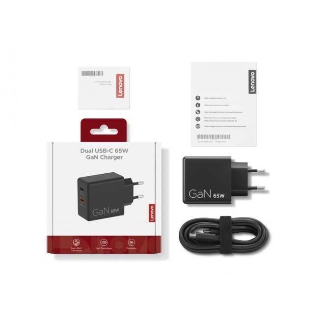 Lenovo Dual USB-C 65W GaN Charger Universal Black AC Indoor
