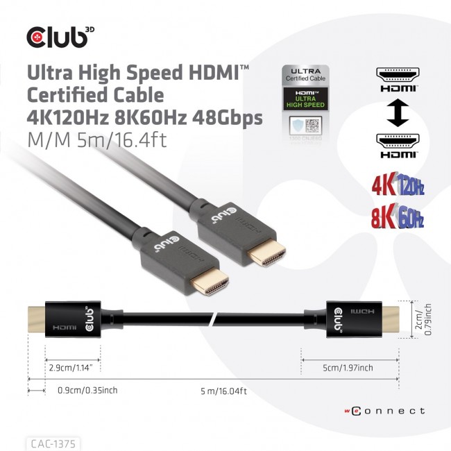 CLUB3D Ultra High Speed HDMI Certified Cable 4K120Hz 8K60Hz 48Gbps M/M 5m/16.4ft