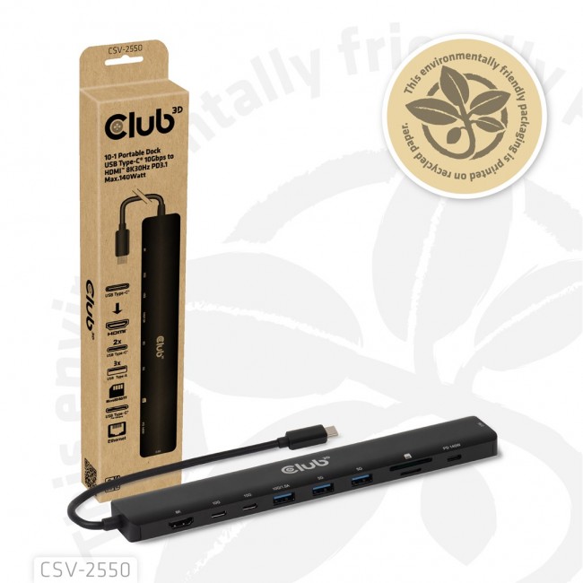 CLUB3D 10-1 Portable Dock USB Type-C 10Gbps to HDMI 8K30Hz PD3.1 Max.140Watt