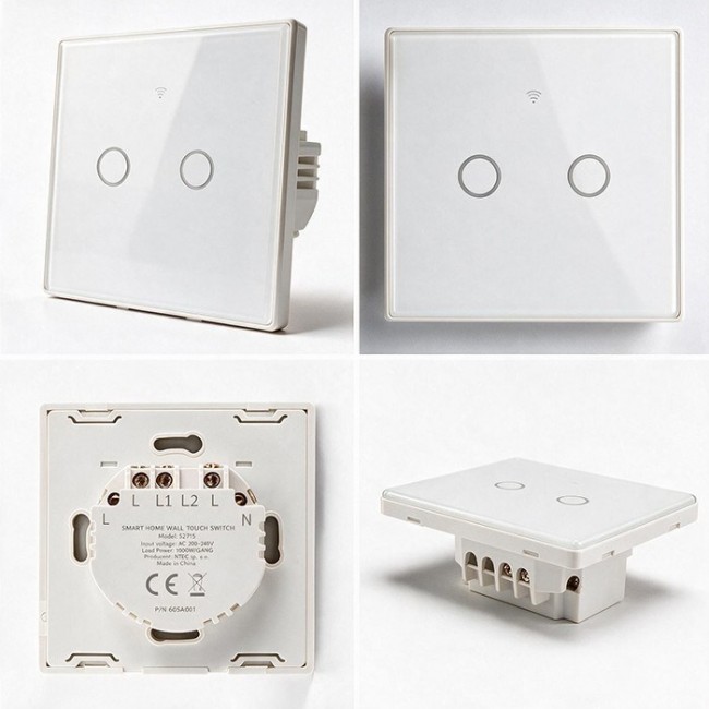 Qoltec 52716 Smart Touch 2-Gang Light Switch | Wi-Fi | Timer | Tuya | Smart Life | Tempered Glass | White