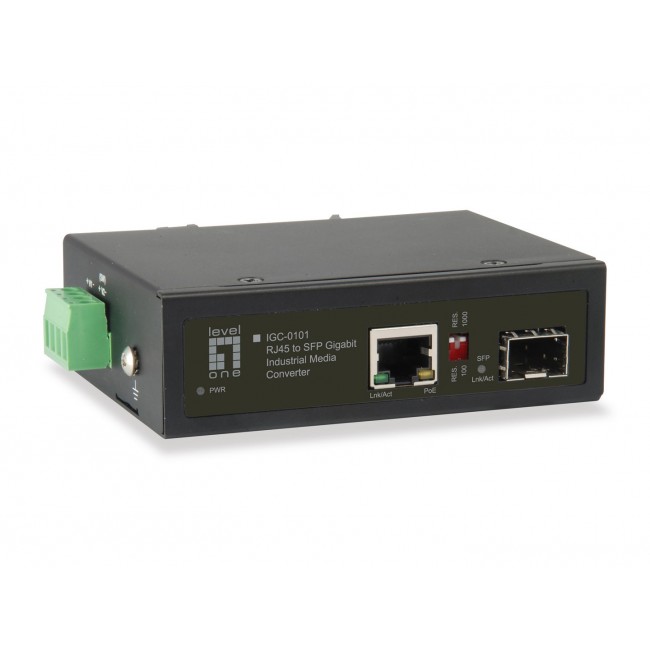 LevelOne RJ45 to SFP Gigabit Industrial Media Converter, 1 PoE Output LevelOne RJ45 to SFP Gigabit Industrial Media Converter, 1 PoE Output