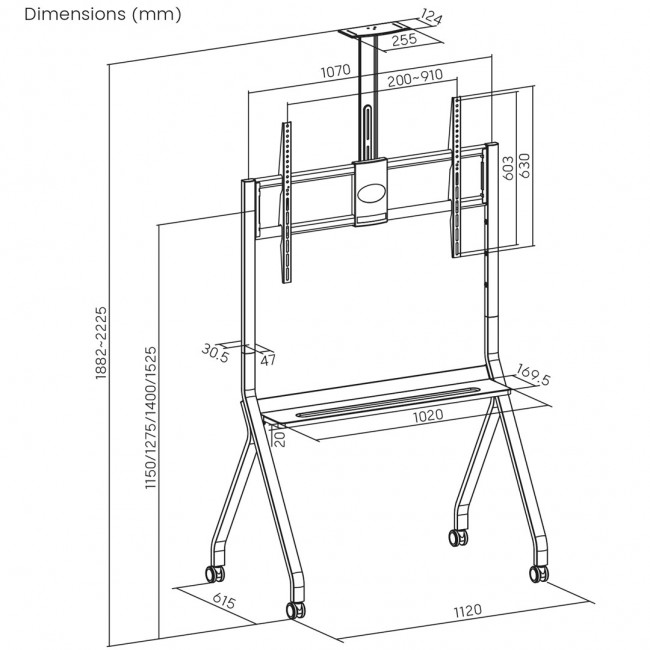 Maclean TV stand / cart, camera shelf, on casters, 55-100