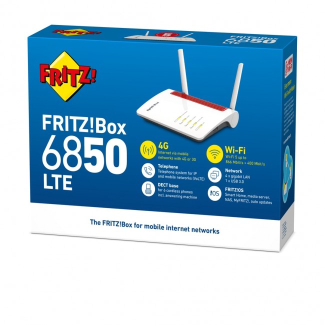Box FRITZ! 6850 LTE wireless router Gigabit Ethernet Dual-band (2.4 GHz / 5 GHz) 4G White Box FRITZ! 6850 LTE wireless router Gigabit Ethernet Dual-band (2.4 GHz / 5 GHz) 4G White