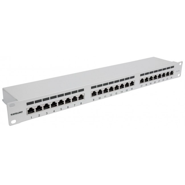 Intellinet Patch Panel, Cat6a, FTP, 24-Port, 1U, Shielded, 90 Top-Entry Punch Down Blocks, Grey