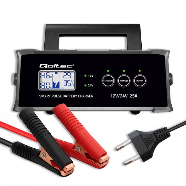 Qoltec Inteligentna mikroprocesorowa adowarka 12V 24V 25A| Prostownik z funkcją naprawy do akumulatora AGM GEL SLA | LCD