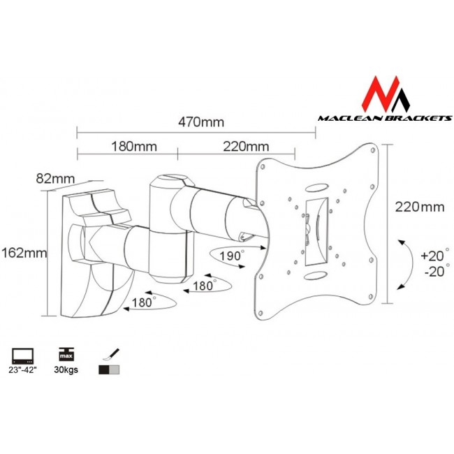 TV Wall Mount Bracket LCD LED Plasma 23-42'' up to 30kg max vesa 200x200 Silver