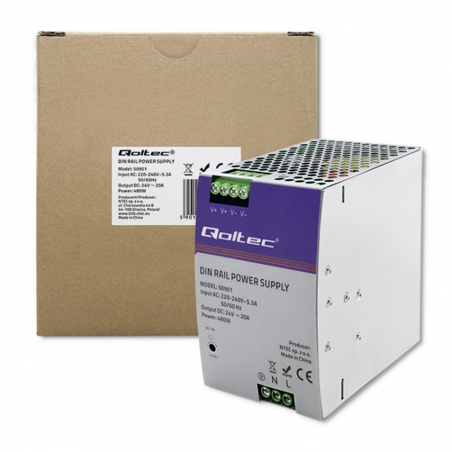 Qoltec Industrial Din Rail Power Supply | 480W | 24V | 20A Qoltec Industrial Din Rail Power Supply | 480W | 24V | 20A