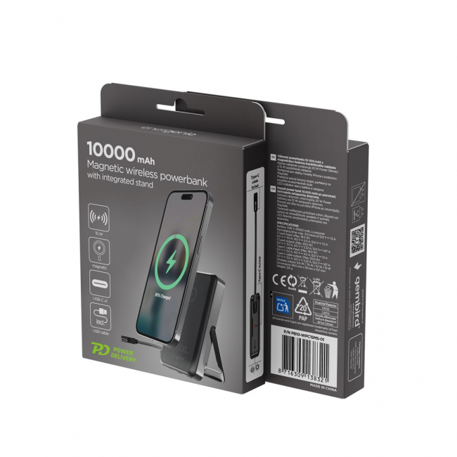 Gembird PB10-WPC15MS-01 Magnetic wireless powerbank with integrated stand, 15W, 10000 mAh, black