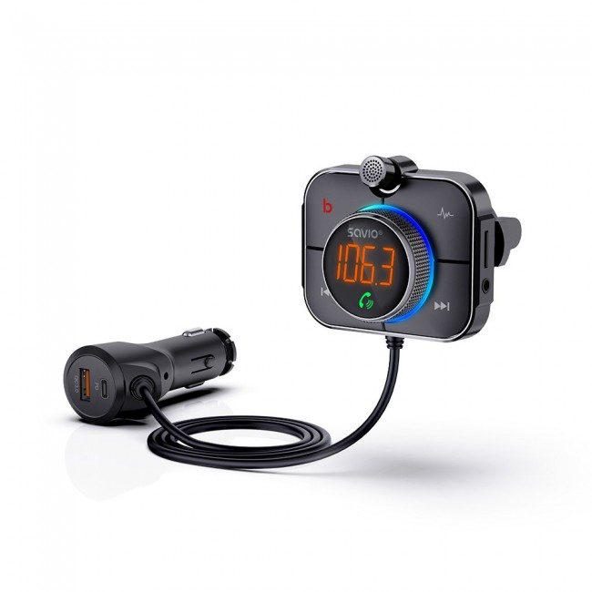 Savio TR-14 Transmiter FM z Bluetooth i adowarką PD 87.6 - 107.9 MHz Bluetooth/USB Black Savio TR-14 Transmiter FM z Bluetooth i adowarką PD 87.6 - 107.9 MHz Bluetooth/USB Black