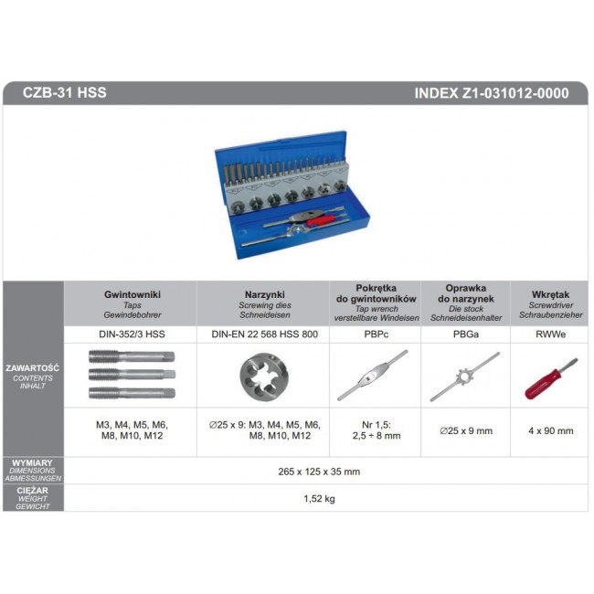 FANAR TAPS + DIES SET 31 pcs. M3-M12 CZB-31 HSS