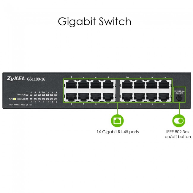 Zyxel GS1100-16 Unmanaged Gigabit Ethernet (10/100/1000) Black Zyxel GS1100-16 Unmanaged Gigabit Ethernet (10/100/1000) Black