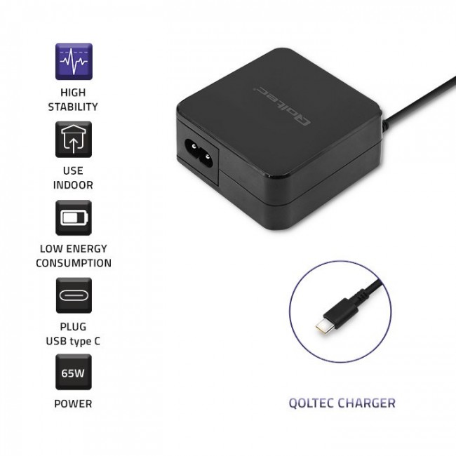 Qoltec 51027 Charger | 65W | 5-20.3V | 2-3.25A | USB type C | PD Qoltec 51027 Charger | 65W | 5-20.3V | 2-3.25A | USB type C | PD