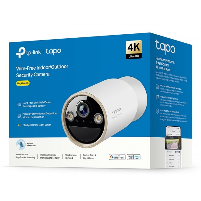 TP-Link Tapo Wire-Free Indoor/Outdoor Security Camera SPEC:4K UHD (3840x2160), H.265/H.264 Supported, 16x UHD Digital Zoom, 2.4/5 GHz Dual Band Wi-Fi, 10000mAh Rechargeable Lithium-ion Battery