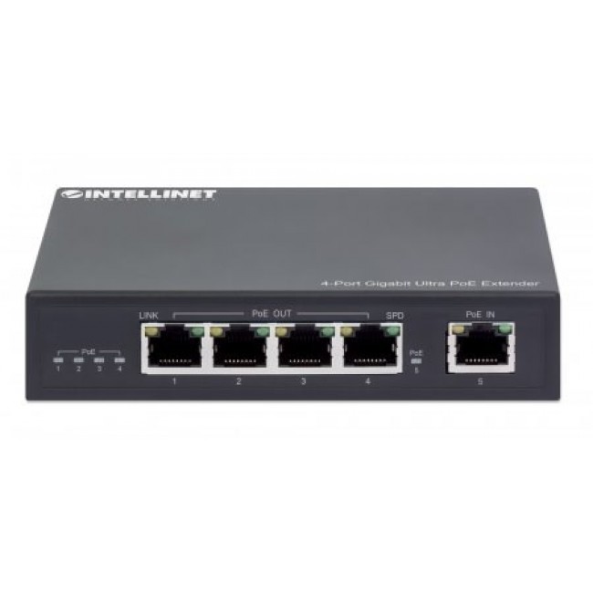 Intellinet 4-Port Gigabit Ultra PoE Extender, Adds up to 100 m (328 ft.) to PoE Range, 90 W PoE Power Budget, Four PSE Ports with up to 30 W Output, IEEE 802.3bt/at/af Compliant, Metal Housing
