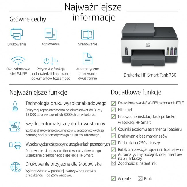 HP Smart Tank 750 All-in-One Thermal inkjet A4 4800 x 1200 DPI 15 ppm Wi-Fi HP Smart Tank 750 All-in-One Thermal inkjet A4 4800 x 1200 DPI 15 ppm Wi-Fi