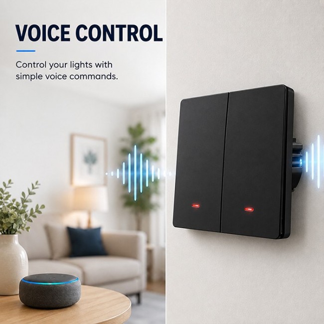 Qoltec 52708 Smart 2-Gang Light Switch | Wi-Fi | Timer | Tuya | Smart life | Black