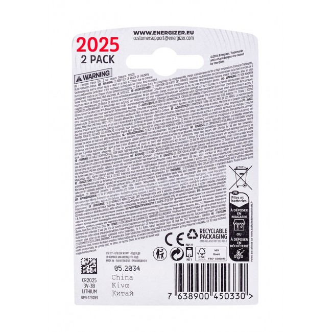 ENERGIZER BATTERY SPECIALIZED CR2025/2, 3V, ECO