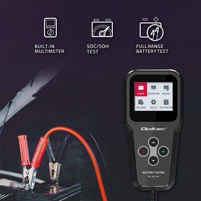 Qoltec Digital 3-in-1 Battery Tester with LCD | Polish Menu | 6V | 12V | 24V | 10Ah-200Ah