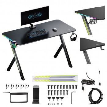 NanoRS gaming desk, black with headphone and cup holder, RGB backlight, max. 75kg, dimensions 1200x600x750mm, RS102