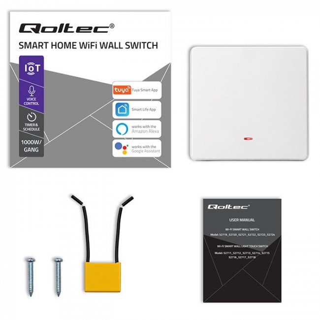 Qoltec 52719 Smart 1-Gang Light Switch | Wi-Fi | Timer | Tuya | Smart life | White